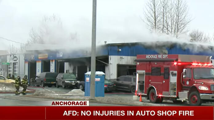 Auto Shop fire temporarily shuts down east Dowling road in Anchorage Alaska